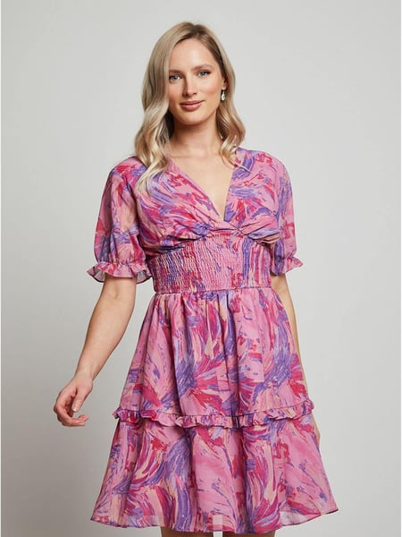 Chi Chi London Pink Puff Sleeve V-Neck Tiered Abstract Midi Dress (D08624) | € 46