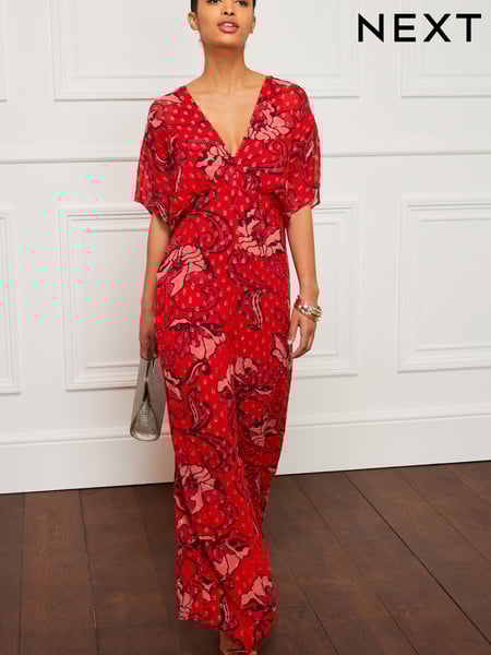 Red Floral Sparkle Batwing Wide Leg Jumpsuit (D08989) | € 19