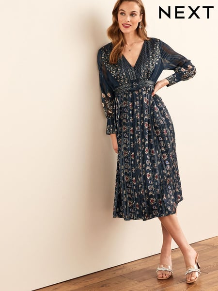 Navy Blue Floral Sparkle Wrap Belted Midi Dress (D09572) | € 47