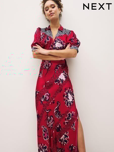 Red/Navy Blue Patch Print Split Hem Puff Sleeve V-Neck Maxi Dress (D09705) | € 33