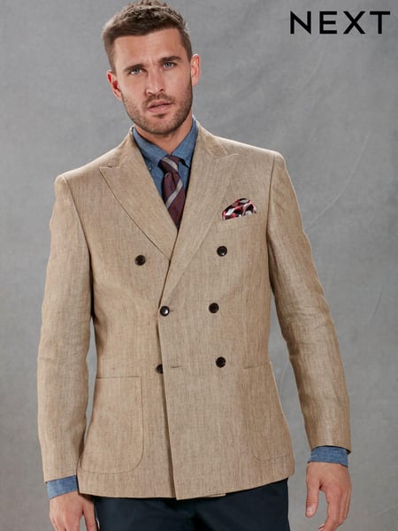Neutral Herringbone Double Breasted Slim Signature Leomaster Linen Blazer (D10502) | € 50
