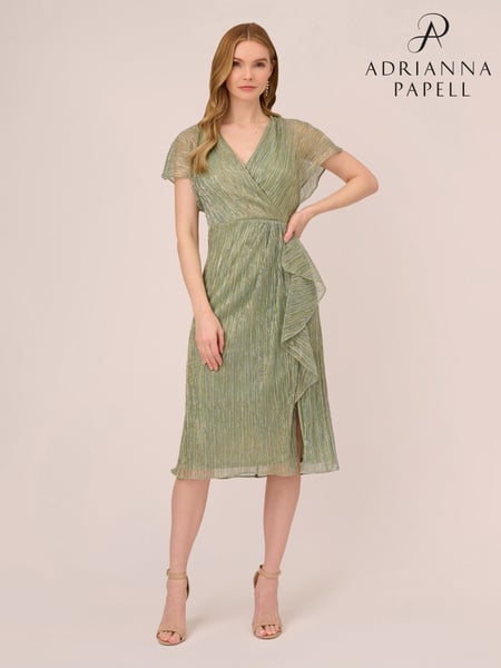 Adrianna Papell Green Metallic Crinkle Midi Dress (D16348) | € 279