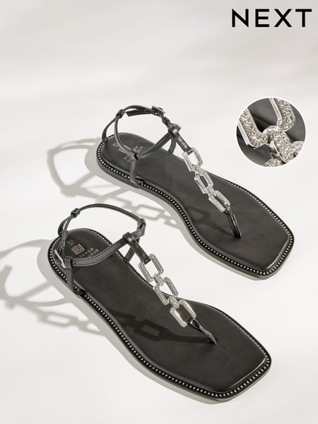 Black Forever Comfort® Flat Sandals With Jewelled Chain Detailing (D17187) | € 10