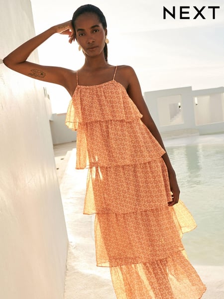 Light Pink Geo Gold Foil Occasion Tiered Strappy Midi Dress (D21814) | € 36