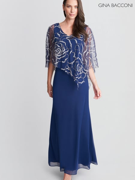 Gina Bacconi Blue Sephora Chiffon Tank Dress With Asymmetric Capelet (D33283) | € 212
