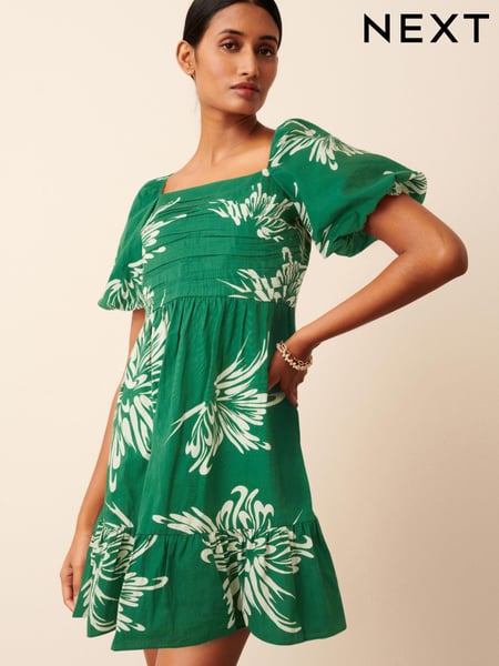 Green/White Floral Print Puff Sleeve  Mini Smock Dress (D41020) | € 16