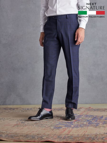 Navy Blue Slim Fit Signature Italian Fabric Check Suit: Trousers (D43295) | € 164