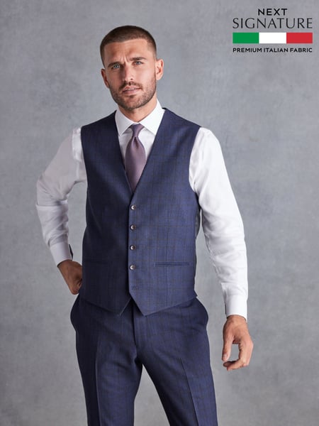 Navy Blue Regular Fit Signature Italian Fabric Check Suit Waistcoat (D43296) | € 134