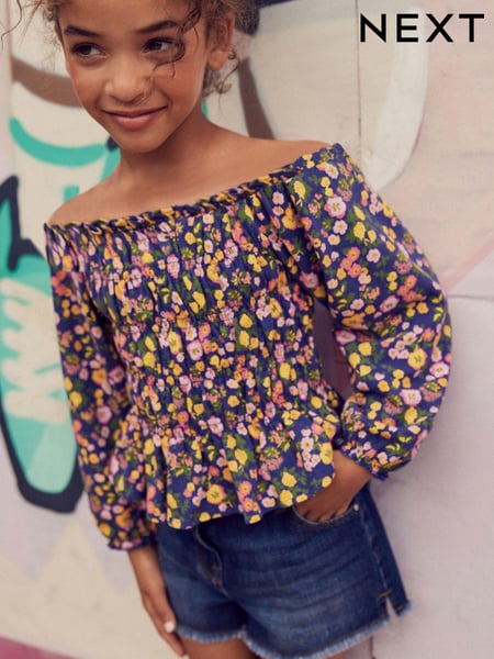Navy Blue/Pink Ditsy Shirred Long Sleeve Top (3-16yrs) (D48843) | € 4 - € 5