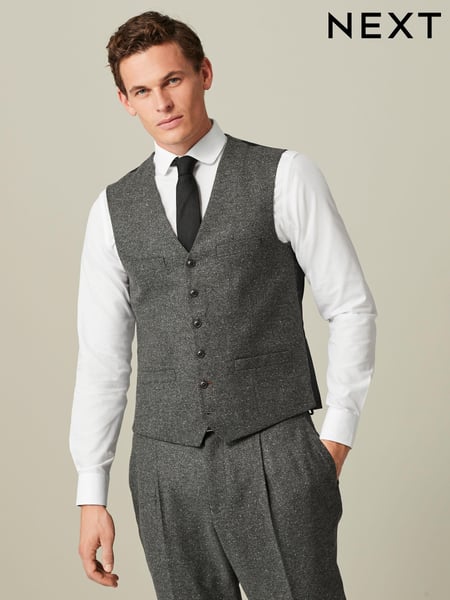 Grey Regular Fit Nova Fides Italian Fabric Herringbone Textured Wool Content Suit Waistcoat (D49848) | € 17