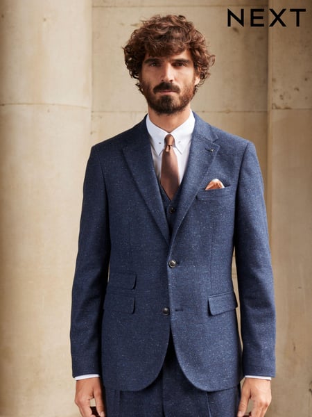 Navy Blue Slim Fit Nova Fides Italian Fabric Herringbone Textured Wool Blend Suit Jacket (D49849) | € 32