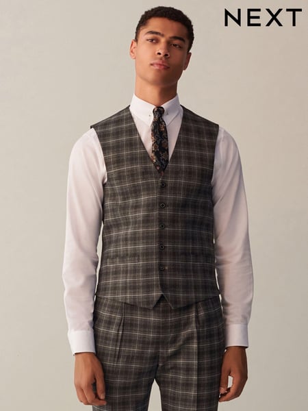 Grey Slim Fit Trimmed Check Suit: Waistcoat (D49865) | € 15