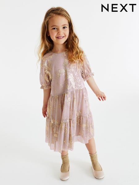 Pink/Gold Foil Sparkle Mesh Short Sleeve Tiered Party Dress (3-16yrs) (D50663) | € 7 - € 8