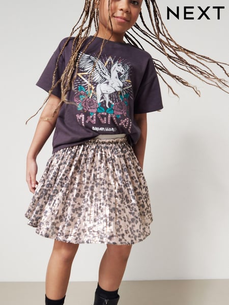 Neutral Pink/Black Animal Print Sequin Skirt (3-16yrs) (D50702) | € 4 - € 6