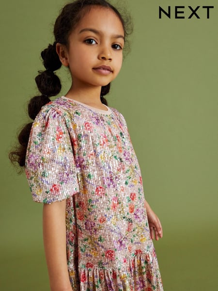 Pink/Purple/Orange Floral Print Sequin Occasion Party Dress (3-16yrs) (D52545) | € 7 - € 9