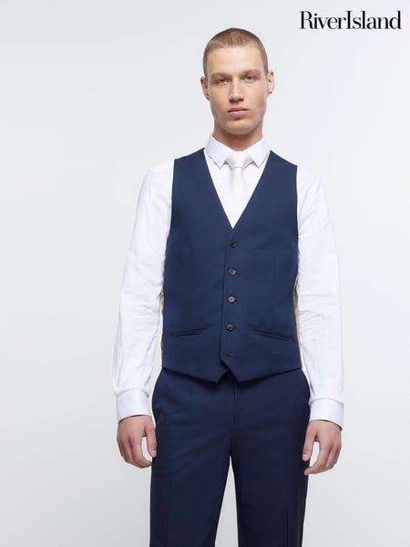 River Island Navy Blue Skinny Fit Twill 100% Cotton Waistcoat (D53631) | € 27