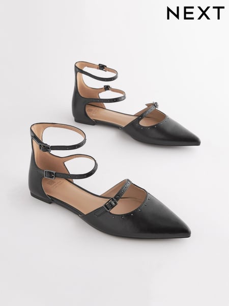 Black Forever Comfort® Point Toe Studded Strap Flat Shoes (D56537) | € 12