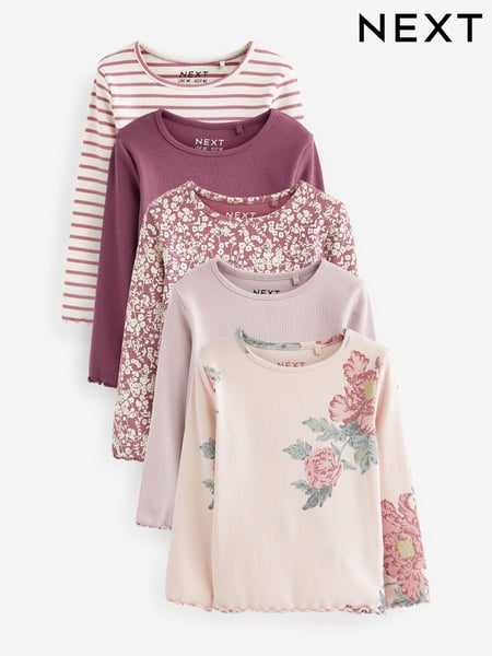 Pink Floral Ribbed Long Sleeve Tops 5 Pack (3mths-7yrs) (D57080) | € 33 - € 38