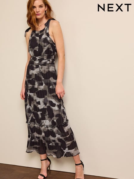 Black and Grey Abstract Animal Print Sleeveless Tie Shoulder Pleated Maxi Dress (D57356) | € 13