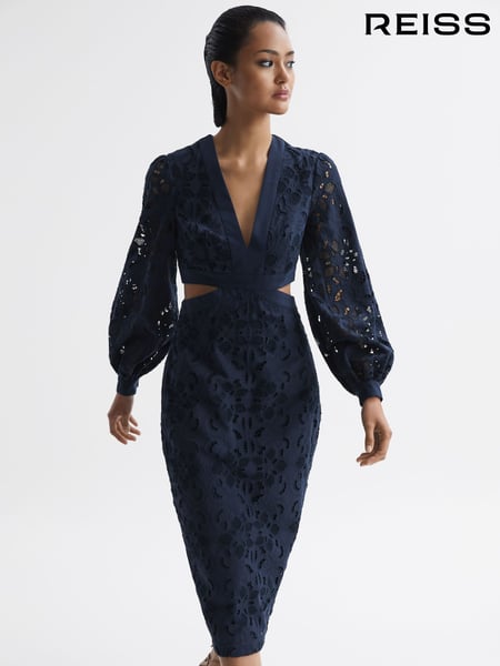 Reiss Navy Zena Lace Cut-Out Midi Dress (D68984) | € 387