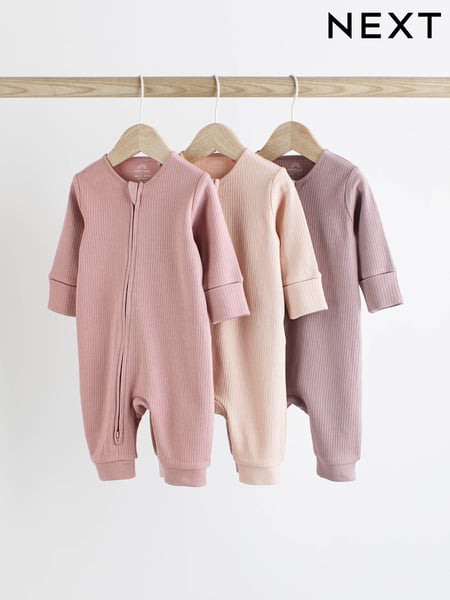 Pink 100% Cotton Two Way Zip Baby Sleepsuit 3 Pack (0mths-3yrs) (D69190) | € 23 - € 26