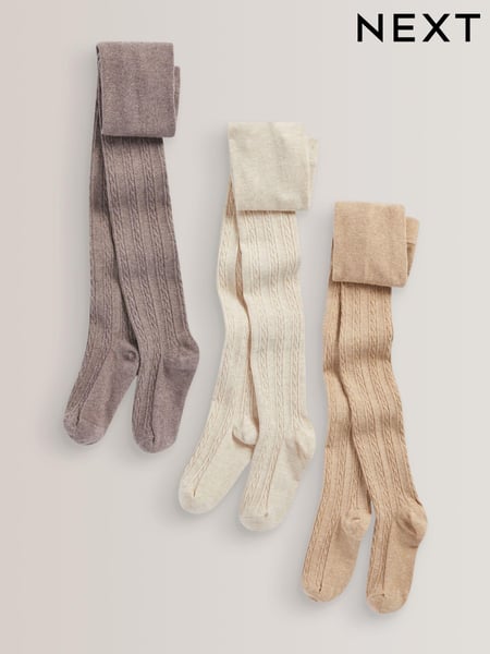 Oatmeal Cream/Brown 3 Pack Cotton Rich Cable Tights (D71627) | € 21 - € 30
