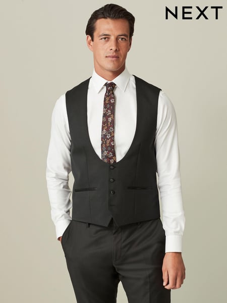 Black Regular Fit Wool Blend Shiny Tuxedo Waistcoat (D72251) | € 30