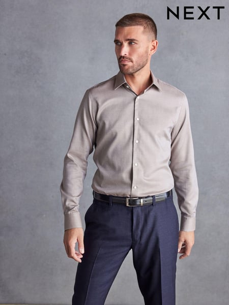 Neutral Brown Slim Fit Signature Textured Single Cuff Shirt With Trim Detail (D72885) | € 10