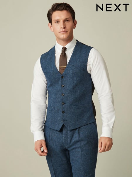 Bright Blue Regular Fit Nova Fides Wool Blend Herringbone Waistcoat (D76724) | € 18