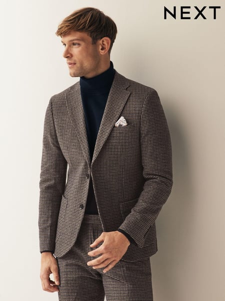 Brown Slim Wool Blend Puppytooth Suit Jacket (D76728) | € 38