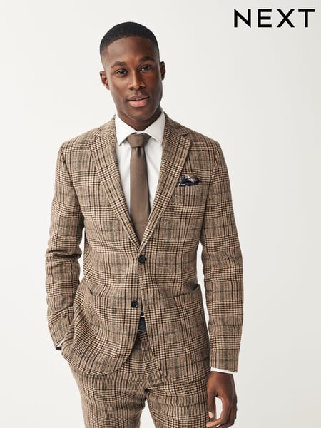 Brown Slim Wool Content Check Suit Jacket (D76731) | € 38