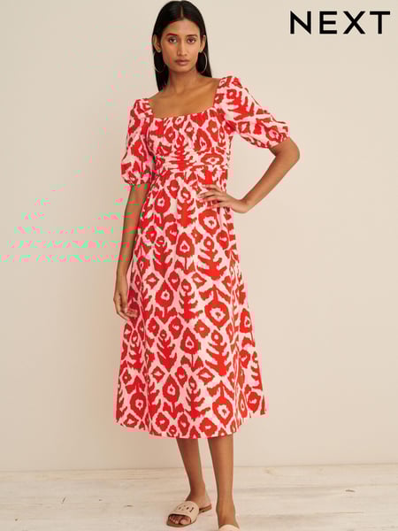 Orange Print Puff Sleeve Square Neck Midi Dress (D77652) | € 16