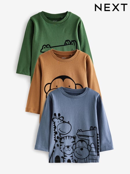 Green/Blue/Yellow Linear Animals Long Sleeve Character 100% Cotton T-Shirts 3 Pack (3mths-7yrs) (D79994) | € 16 - € 19