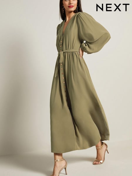 Green Button Down Long Sleeve Midi Dress (D83298) | € 15