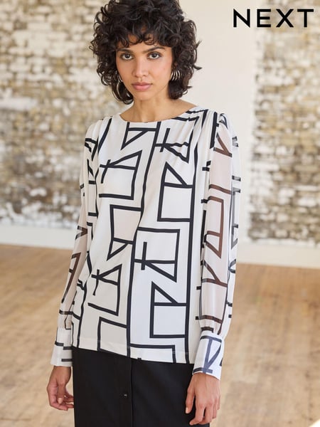 Ecru Cream Print Long Sleeve Crew Neck Cuff Blouse (D83517) | € 9