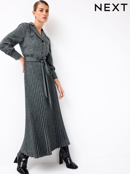 Grey Check Pleated Long Sleeve Midi Dress (D83795) | € 21