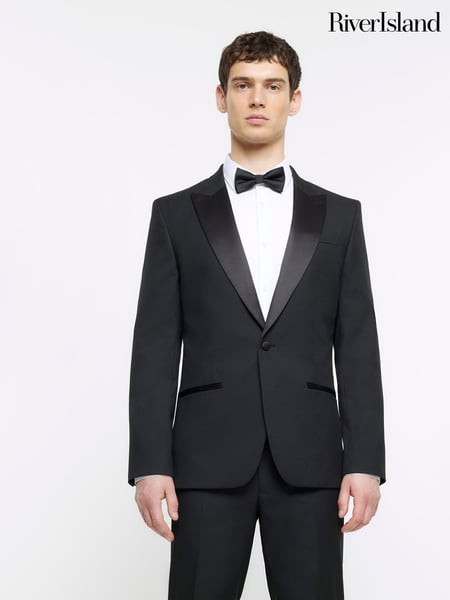 River Island Black Slim Tuxedo 100% Cotton Suit Jacket (D84485) | € 74