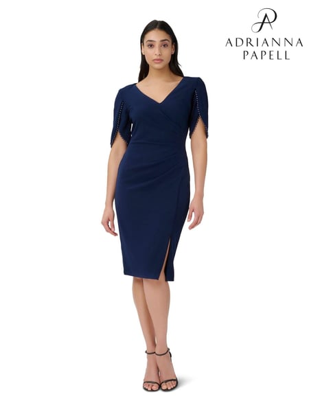 Adrianna Papell Blue Knit Crepe Pearl Trim Dress (D86844) | € 232