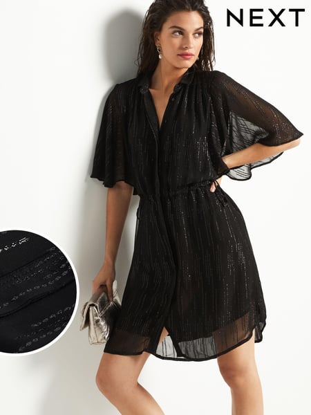 Black Sparkle Flutter Sleeve Tie Waist Mini Dress (D88095) | € 17