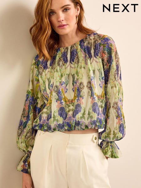 Ecru Cream Floral Long Sleeve Metallic Occasion Top (D88768) | € 14