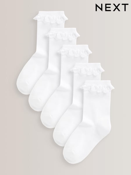 White 5 Pack Cotton Rich Cushioned Sole Ruffle Ankle School Socks (D89963) | € 16 - € 18