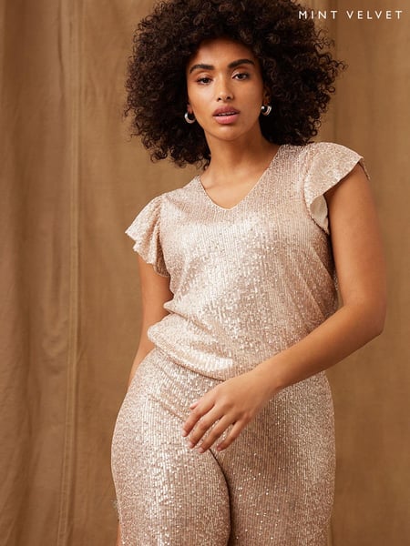 Mint Velvet Gold Sequin Ruffle T-Shirt (D93332) | € 53
