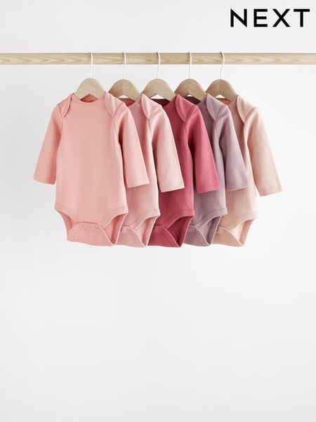 Pink 5 Pack Essential Long Sleeve 100% Cotton Baby Bodysuits (D93370) | € 18 - € 21