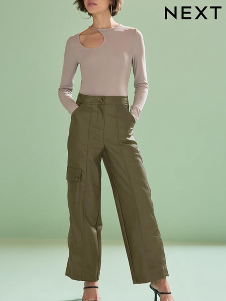 Olive Green Faux Leather PU Cargo Trousers (D96165) | € 10