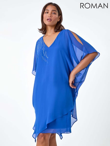 Roman Blue Embellished Cold Shoulder Overlay Dress (E00062) | € 43