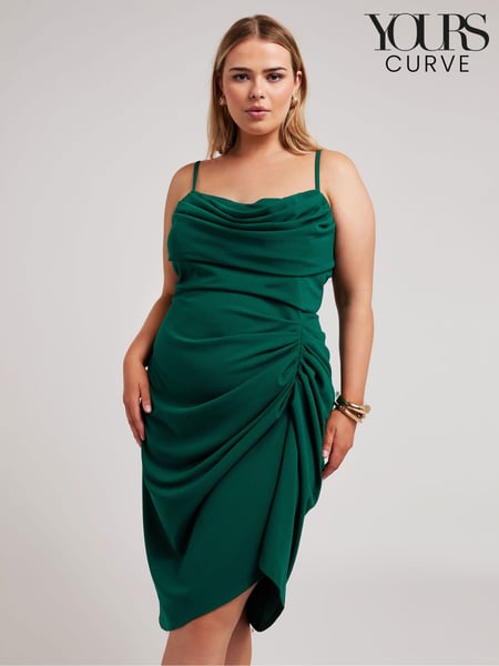 Yours Curve Green LONDON Curve Cowl Neck Gathered Dress (E00456) | € 35