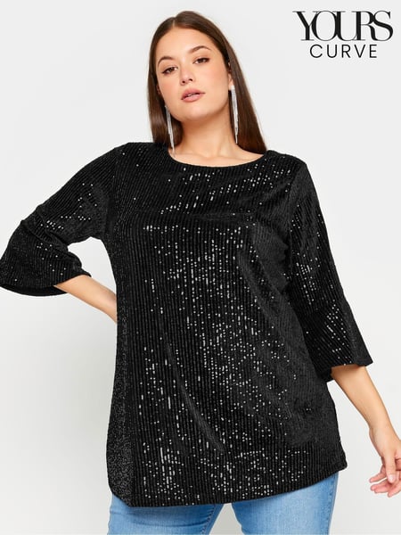 Yours Curve Black Velvet Sequin Top (E00476) | € 26