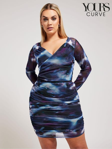 Yours Curve Purple LONDON Leopard Print Gathered Mesh Skirt (E00596) | € 56