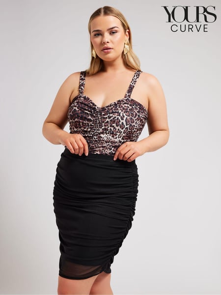 Yours Curve Black LONDON Leopard Print Gathered Mesh Skirt (E00614) | € 78