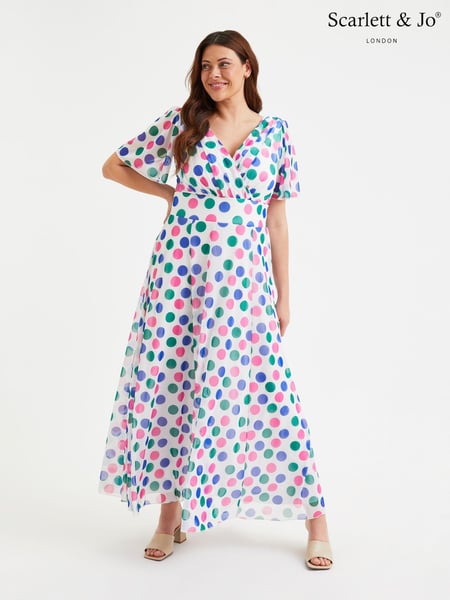 Scarlett & Jo Pink Purple & Green Polka Dot Isabelle Angel Sleeve Maxi Dress (E01450) | € 74